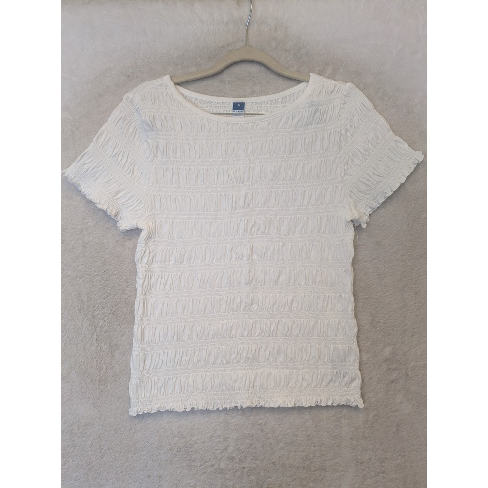 Old Navy Smocked Top Women's Medium White Short Sleeve Ruffle Trim Scoop Neck